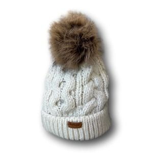 Barbour Penshaw Cable Beanie in Cloud with Faux Fur Pom-Pom